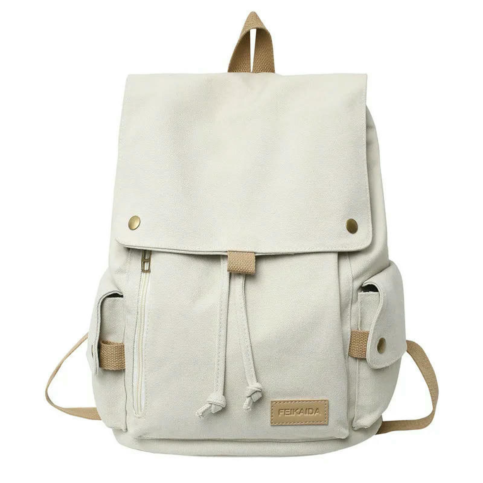 Zaino Vintage in Tela, Zaino per Scuola e Viaggio di Stile Coreano per Adolescenti, Borsa Casual Quotidiana-Crema Bianco