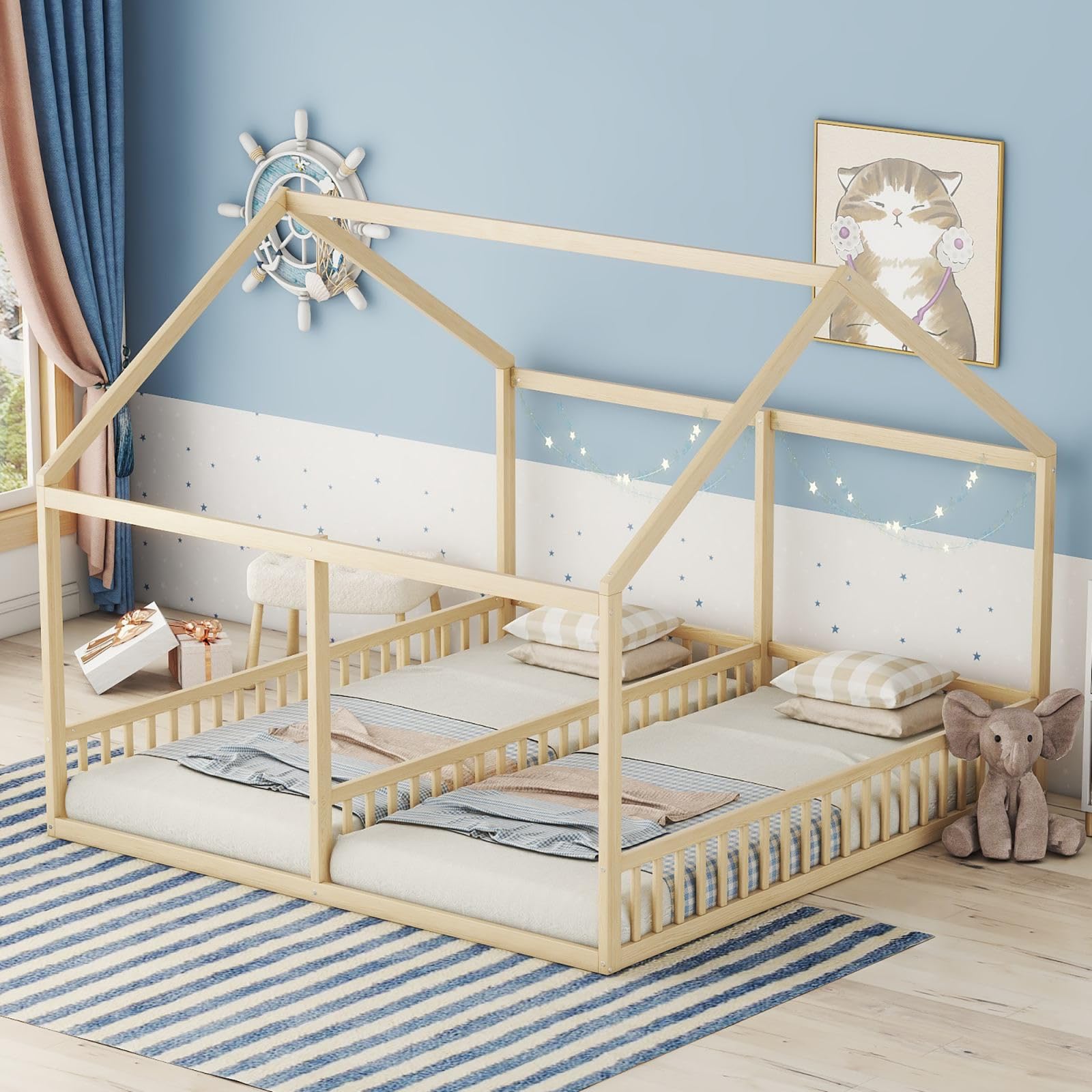KOMHTOM Cabane Lit 2 en 1 pour Enfant avec Clôture Sécurité, Salon ou Chambre, Odorat Naturel, Taille 90x200CM, Sans Mat