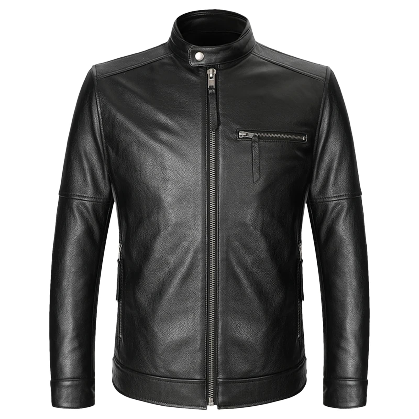 Men’s Cowhide Leather Jacket Stand Collar Spring Cool Weather Slim Fit Coat