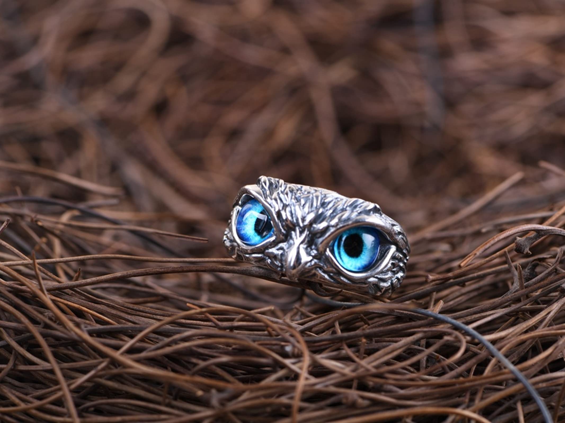 KnSam Ringe Sterling Silber 925, Eule Form Ring Silber Junge für Herren, Band Ring mit Stein Blau, Echt Silber Schmuck