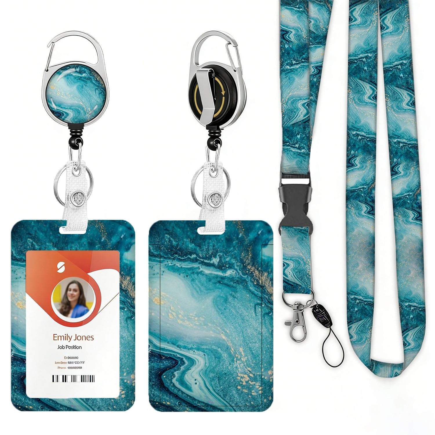 Abstract Ocean Blue Marble Lanyards for ID Badges Retractable Badge Holder Removable Lanyard Keychain Vertical ID Protective Holder for Nurse Teacher