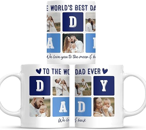 wowcugi Taza de café personalizada para papá con imagen fotográfica de 11 oz 15 onzas, taza del día del padre, regalos de esposa, hijo, hija, feliz