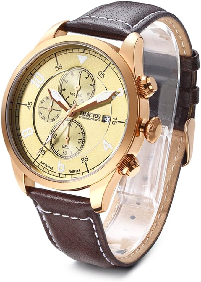 TIME100Mens Fashion Quartz Watch,Multifunctional Business and Leisure Watches with Three Sub Dial Chronograph Calendar and Genuine Leather Strap Watches gold