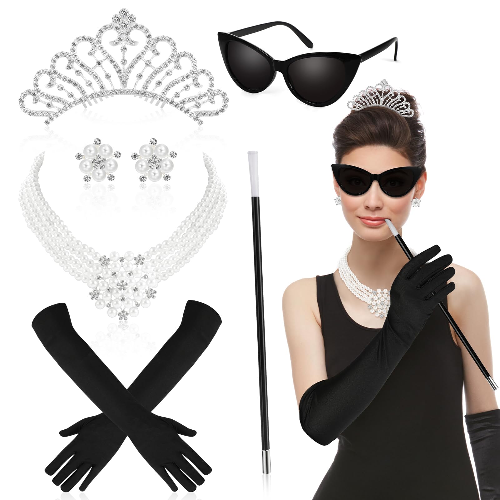 HOWAF 20s Accessories Women, Princess Tiara Crown, Pearl Necklace, Earrings, Gloves