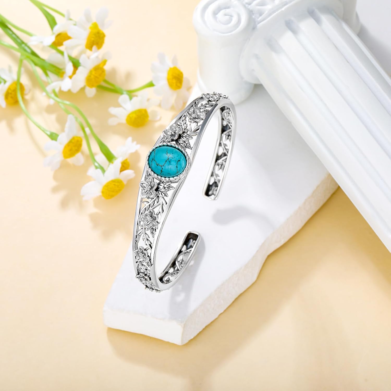 Genuine Turquoise Cuff Bracelet for Women, Sterling Silver Western Vintage Floral Bangle Native American Jewelry, For 6.5-7.5 Inch Wrists