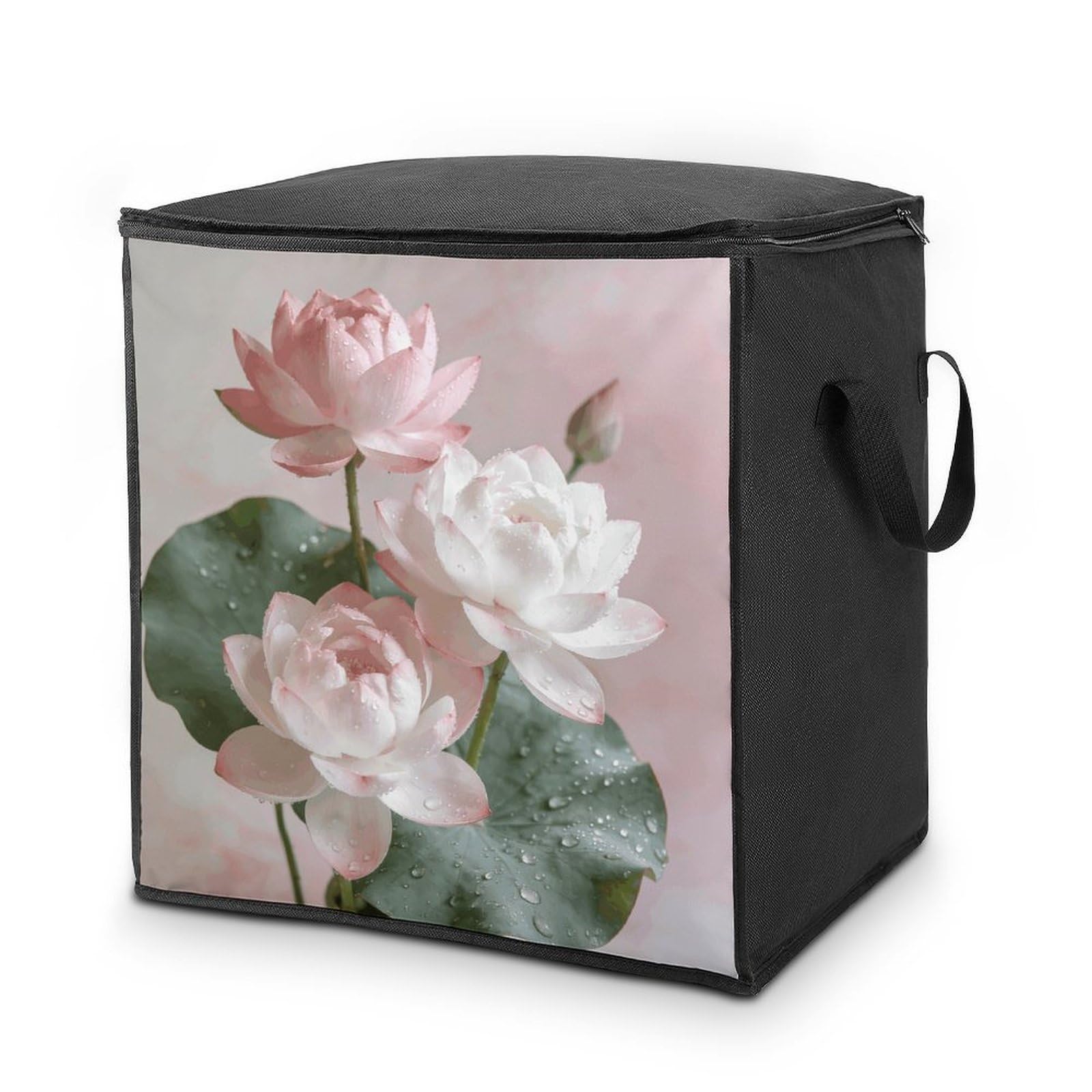 Lotus Floral Storage Bag with Zippers And Handle Extra Large Bedding Comforter Storage Bag Foldable Blanket Storage Bags Fabric Moving Bags for Closet Organizer (70L)