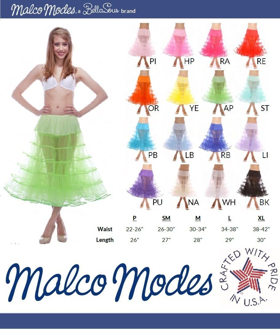 Malco Modes Melonie Luxury Crinoline Petticoat with Organza Binding & Adjustable Waist and Length for Rockabilly 50s, Everyday Wear (Small, Black)
