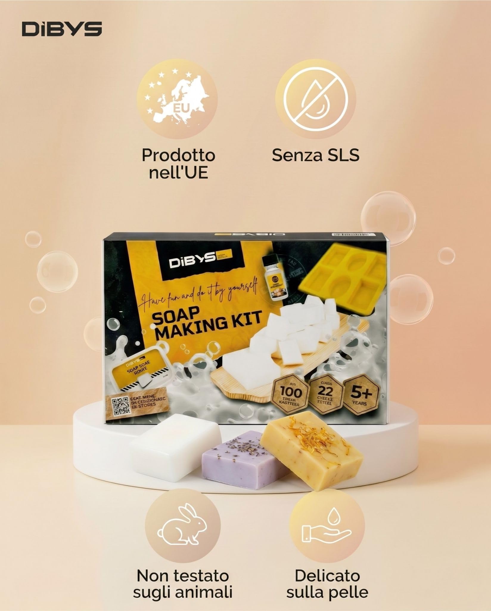 DIBYS Kit Sapone Fai da Te Creativo | Base di Glicerina Bianca senza SLS | Set Completo per Realizzare Saponette con Oli Profumati, Coloranti ed Erbe | Idea Regalo