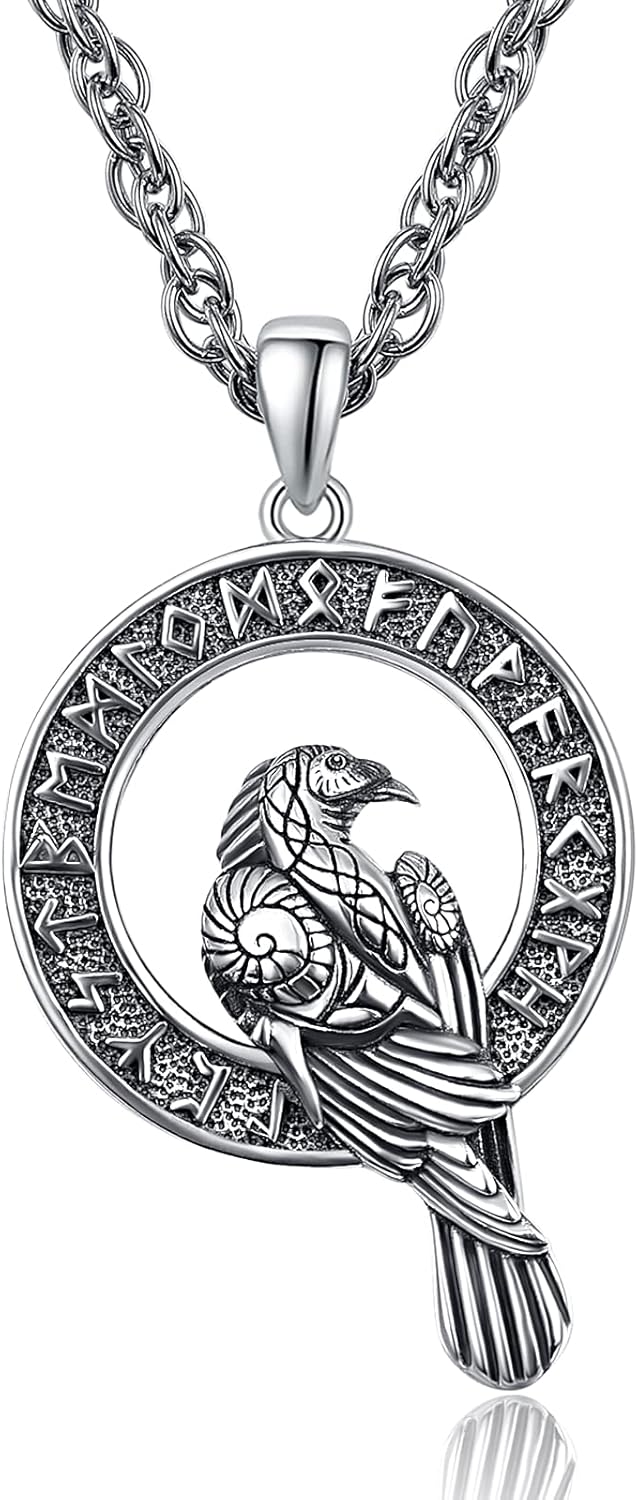Amuleto Runa Talismán Collar Vikingo De Plata 925 - Colgante Cuervo Y Vegvisir | Cadena De Acero Inoxidable 55 Cm Joyería Masculina