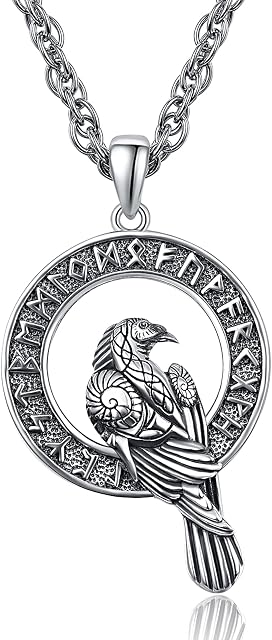 KINGWHYTE Viking Raven Necklace 925 Sterling Sliver Vegvisir Pendant Crow Odin Pendant Talisman Rune Amulet Nordic Viking Jewelry With Stainless Steel Chain55cm(20+2inch)