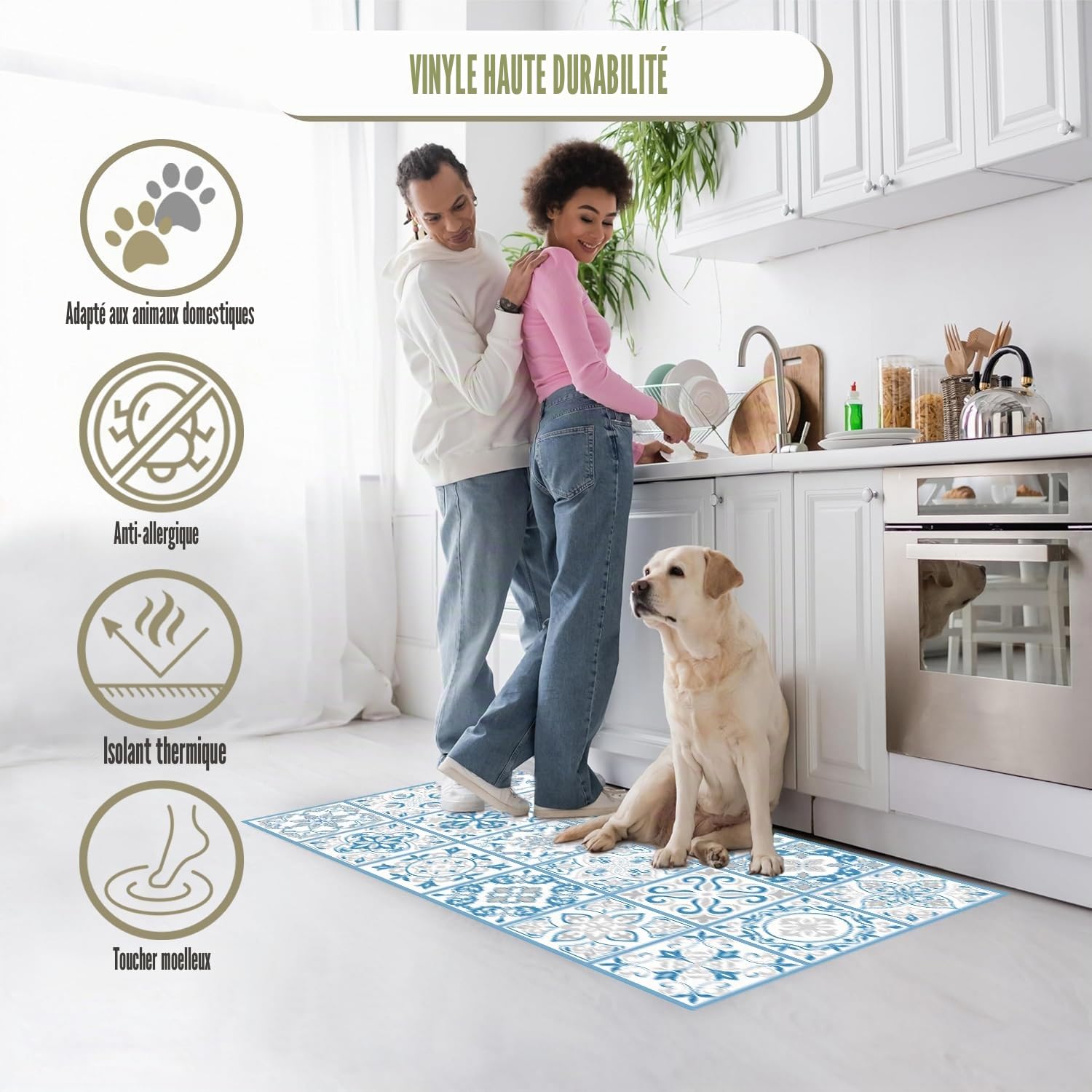 Tapis vinyle hydraulique (200 x 80 cm Bleu ) – Différentes couleurs et tailles – Tapis de cuisine – Tapis de salle à manger antidérapant – Tapis de chambre – Tapis éponge et sol en PVC…