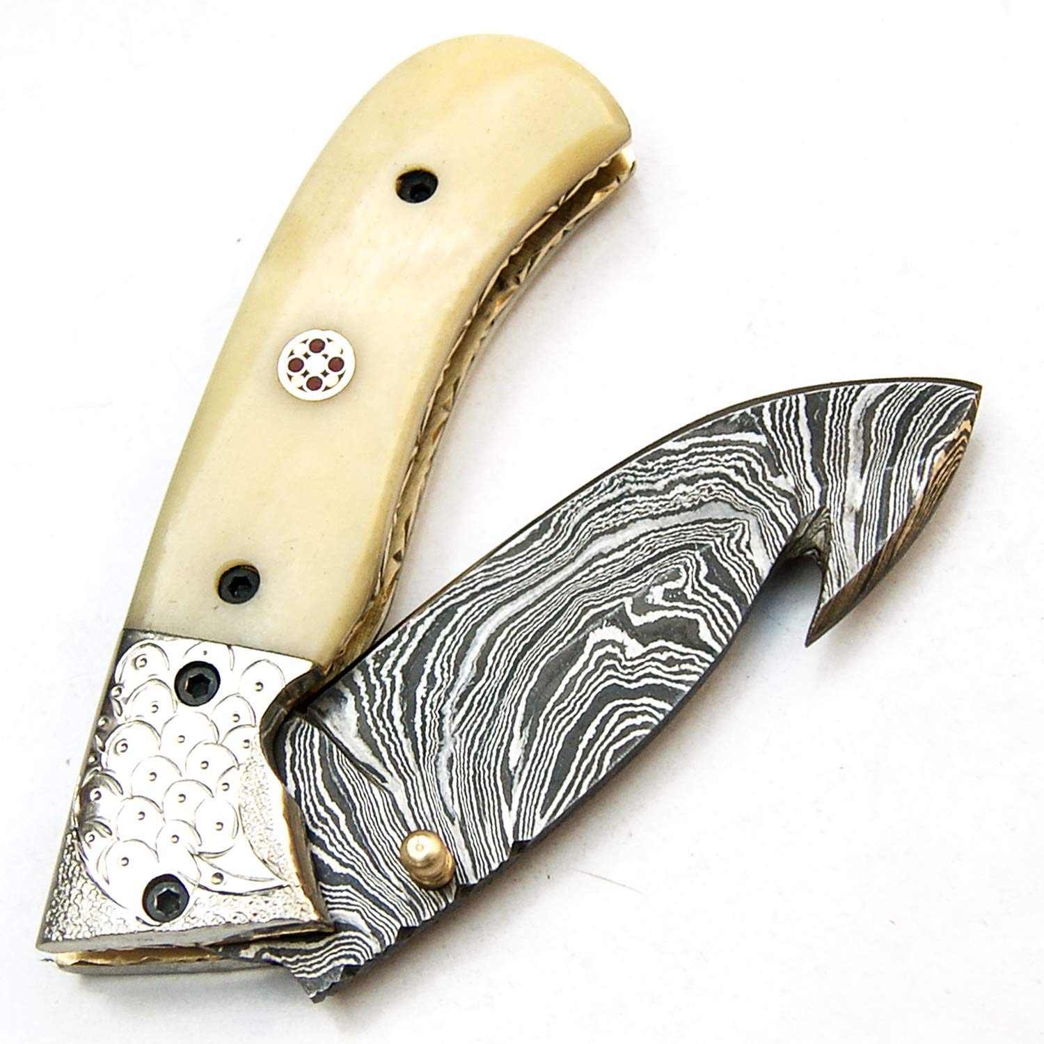PAL 2000 KNIVES Custom Handmade Damascus Steel 7.4 Inches Folding Pocket Knife - Camel Bone Hanlde with Sheath 9566