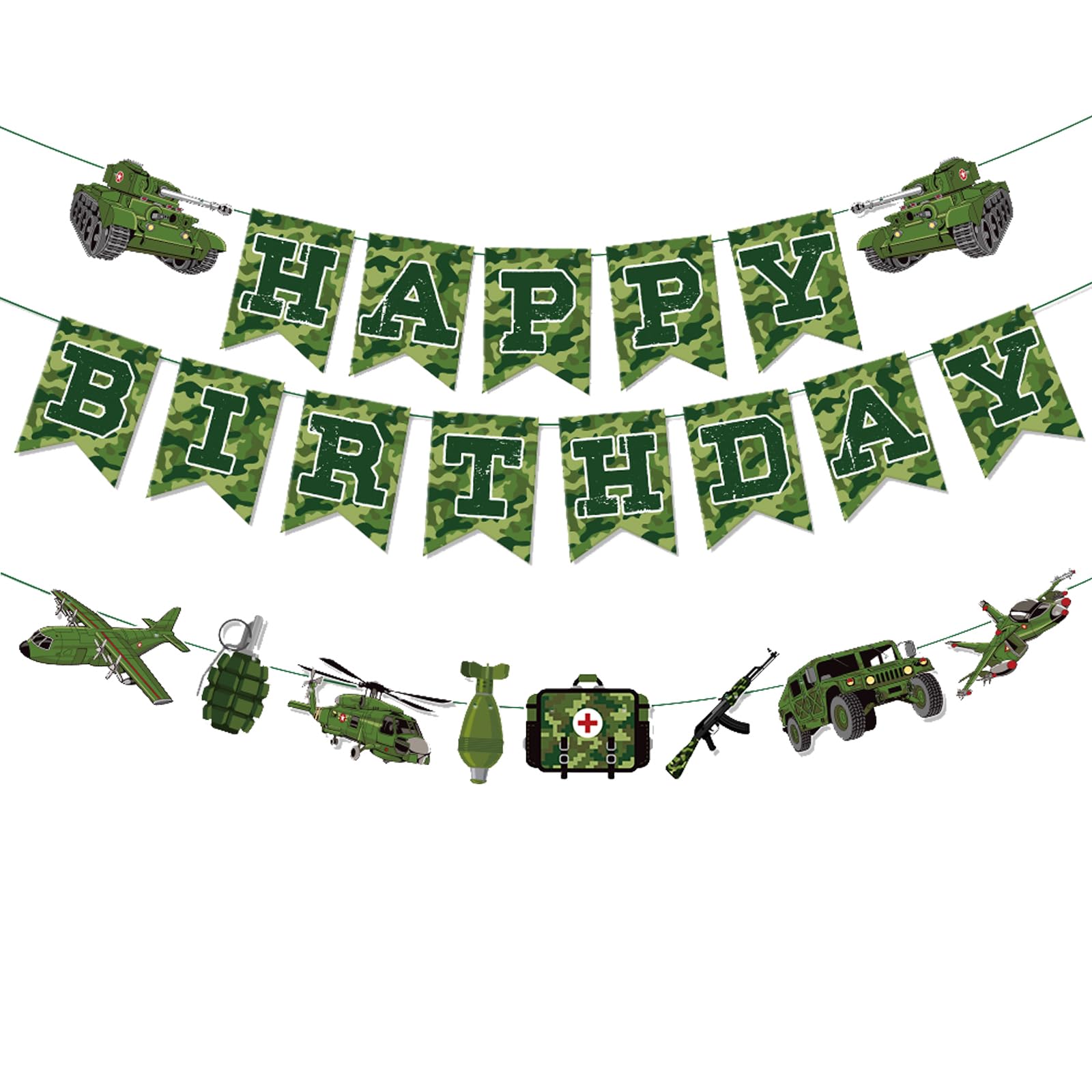 Zwiebeco Suministros de decoración de fiesta de cumpleaños, letrero de feliz cumpleaños de camuflaje verde, guirnalda de papel verde para niños, hombres, adultos, decoraciones de cumpleaños temáticas