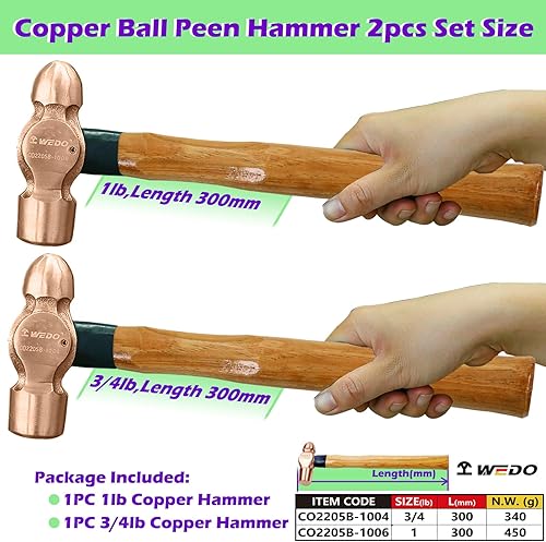 Miniatura 52 de WEDO Juego de martillo de bola de cobre de 3 piezas, 8 onzas + 12 onzas + 16 onzas (1/2 libra+3/4 lb+1 libra), martillo de bola con mango de madera