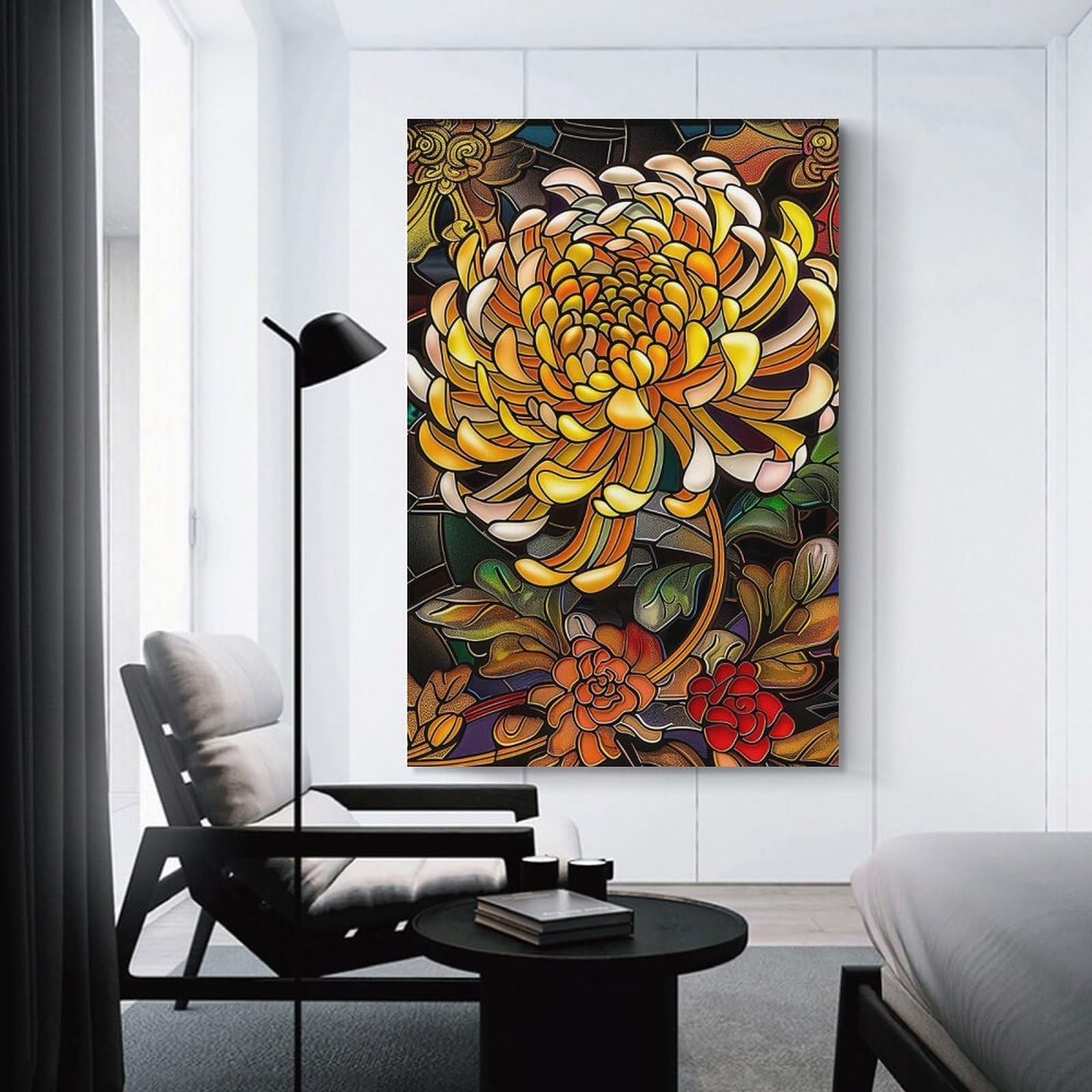 Junmoney Unframe-Style-8 Stained Glass Chrysanthemum Wall Picture Print, 16X24inch(40X60cm), For New Homes, Bedrooms Or Workspaces, Thoughtful Wall Decor For Art Lovers