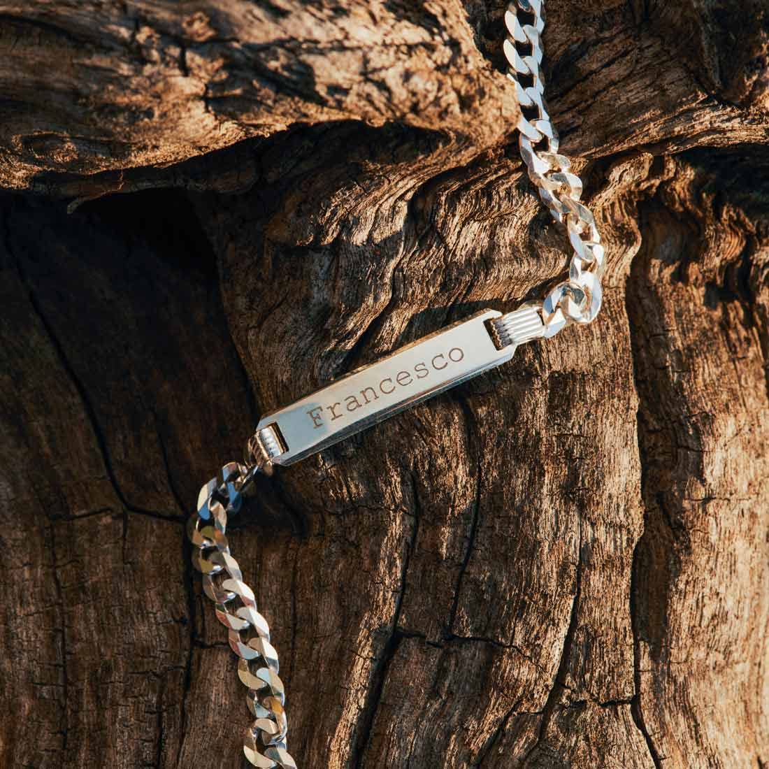 Giuzi - Bracciale Uomo Argento 925 Personalizzabile con Targhetta Incisa, Catena Grumetta Regolabile, Idea Regalo Uomo con Confezione