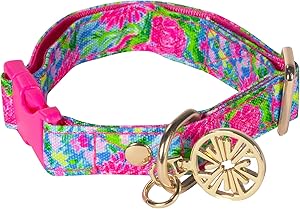 Lilly Pulitzer Adjustable Dog Collar, Cute Heavy Duty Canvas Collar with Snap Closure and Ring for Leash/Tag, Bunny Business