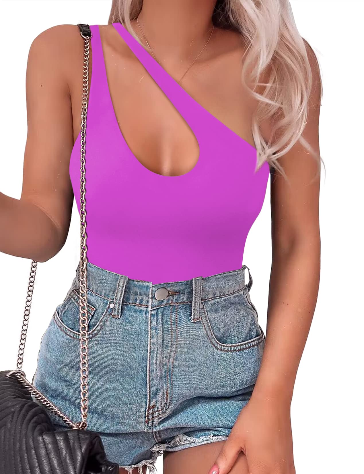 SAUNGKUAI Women's Double Lined Sexy One Shoulder Cutout Front Sleevless Thong Bodysuit Tank Tops. Size L