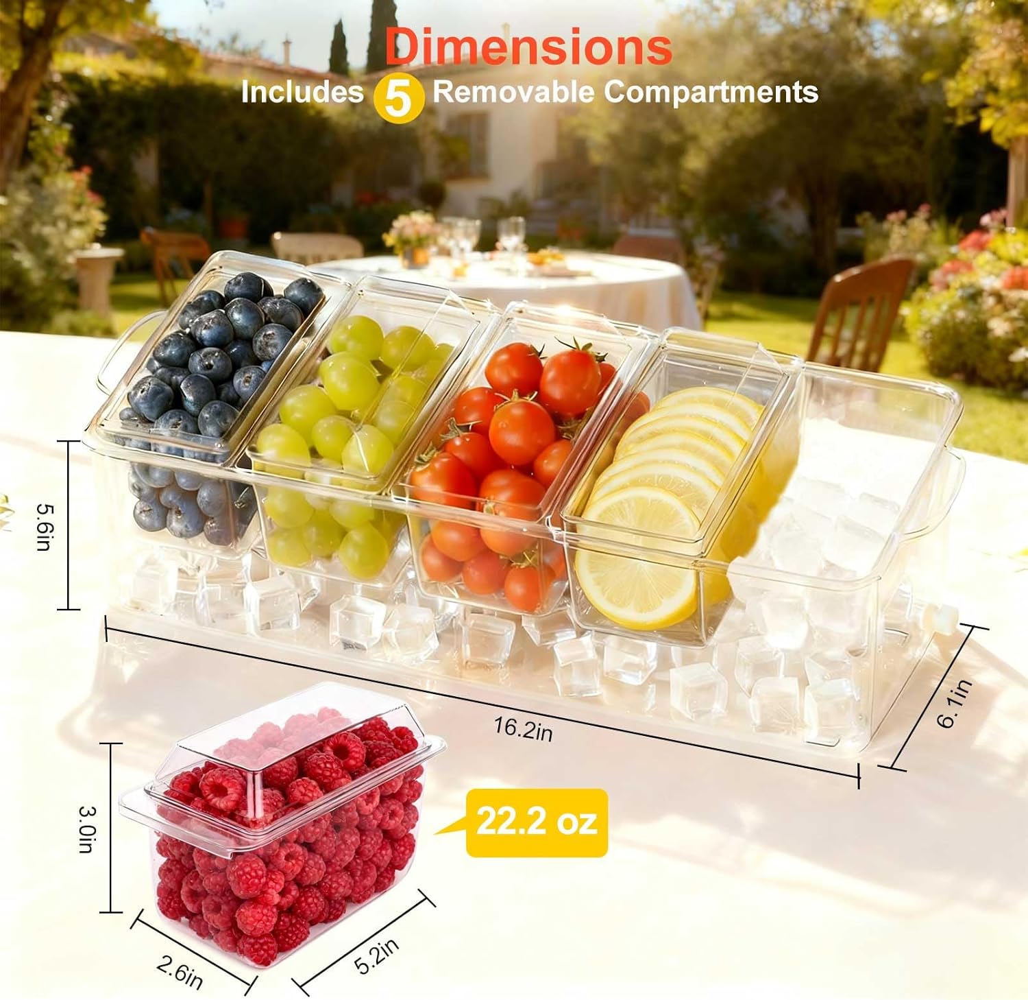 Large Ice Chilled Condiment Caddy，Chilled Condiment Containers Server with Lids for 5 Removable Compartments ，Serving Platters , Fruit & Garnish Tray for Party Supplies & Bar Accessories-Transparent - Image 3
