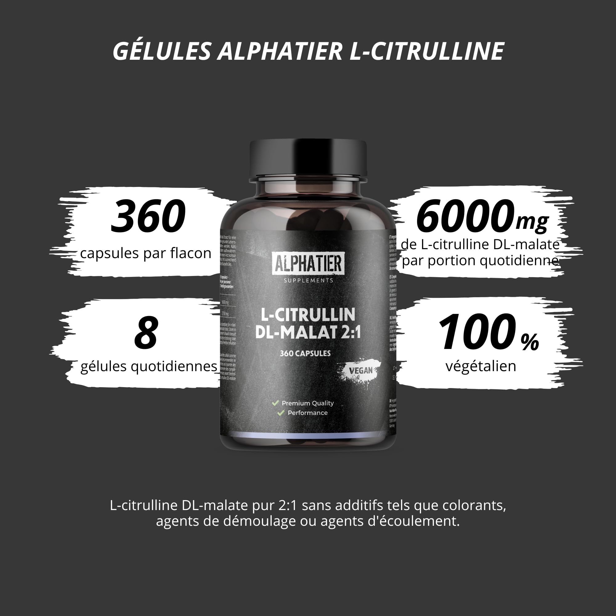 Alphatier L-Citrulline Malate Capsules - 360 Caps hautement dosées + végétalien - Champion L-Citrulline Malate DL 2:1 - Qualité Premium sans Additifs