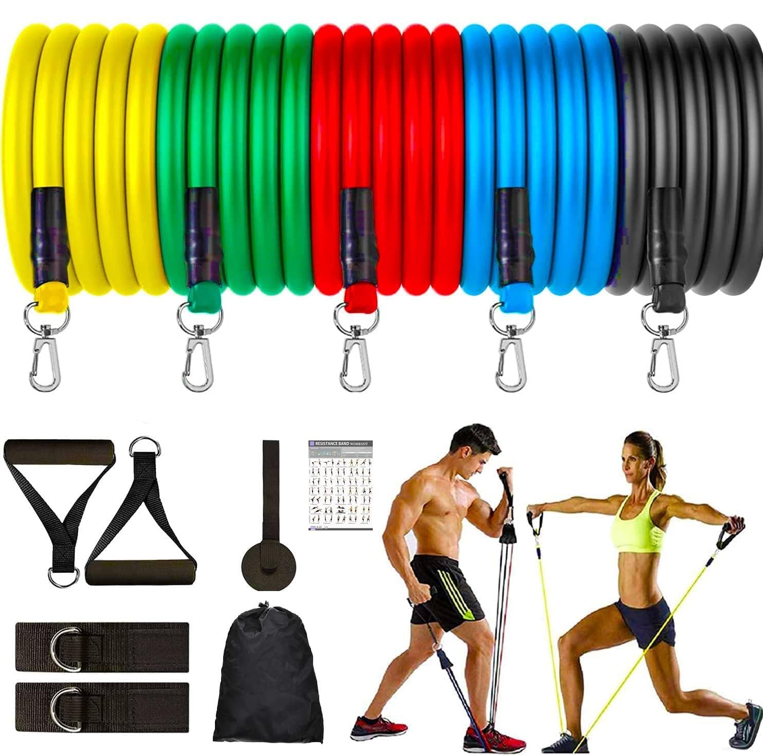 Fitness Mantra® Resistance Bands Set for Exercise, Stretching and Workout Toning Tube Kit with Foam Handles, Door Anchor, Ankle Strap and Carry Bag