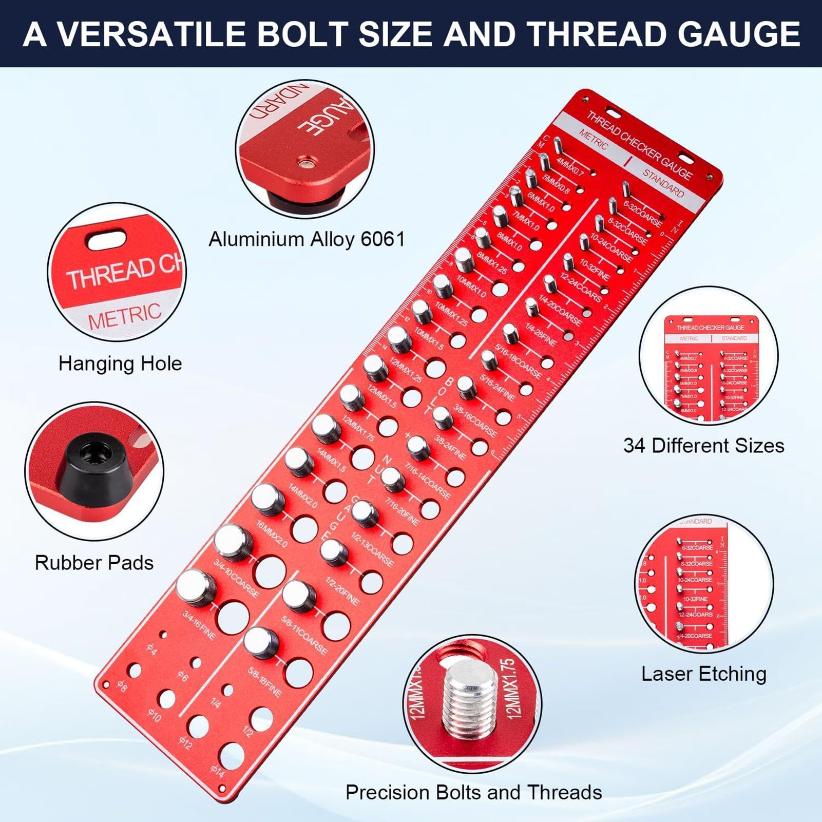 Narzędzie pomiarowe Bolt, 34 otwory Metal Thread Checker, 16,93x3,94x0,39in Wear-Resistant Nut Identyfikacja, precyzyjna wyszukiwarka rozmiarów bolt dla mechaników, Diyers, konserwacji