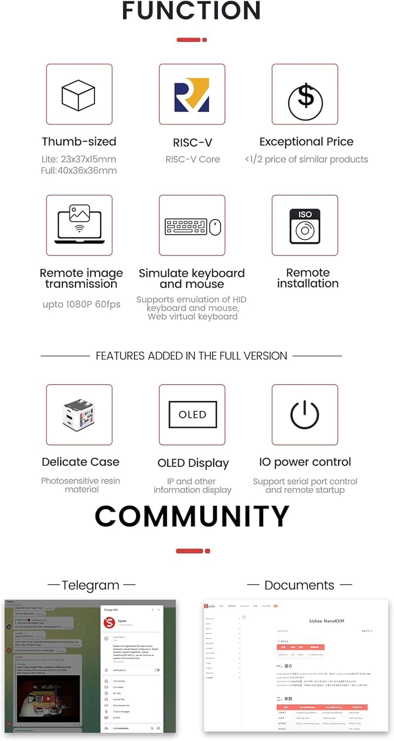 Sipeed NanoKVM IP-KVM Mini Remote Control Operations Maintenance Server, 2Gbit 256MB DDR3 RISC-V Linux Development Board, 1TOPS NPU 1GHz C906 RISC-V CPU, USB HDMI 100M Network Port (Black Full Kit)
