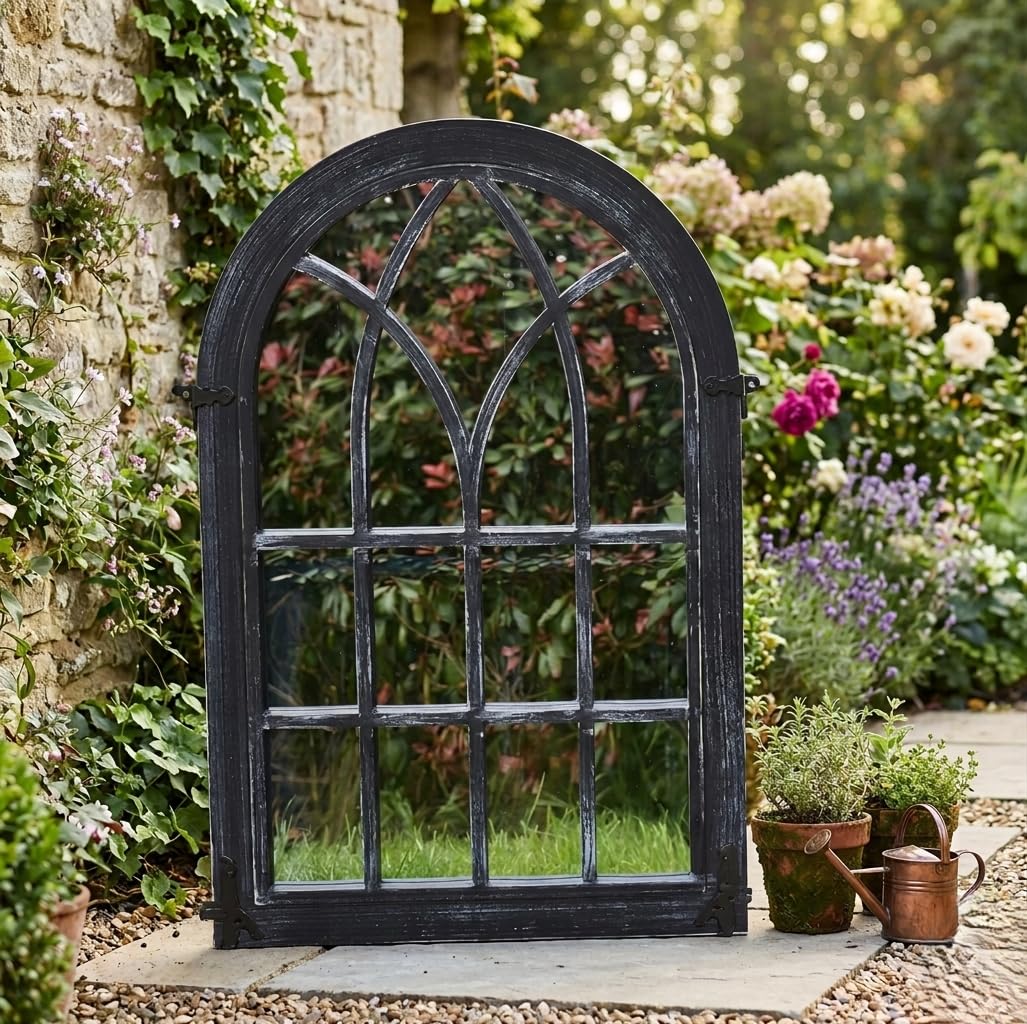 Biznest Black Rustic Window Soho Style Mirror Hallway Vanity Wall Elegant Vintage Style 76X51cm