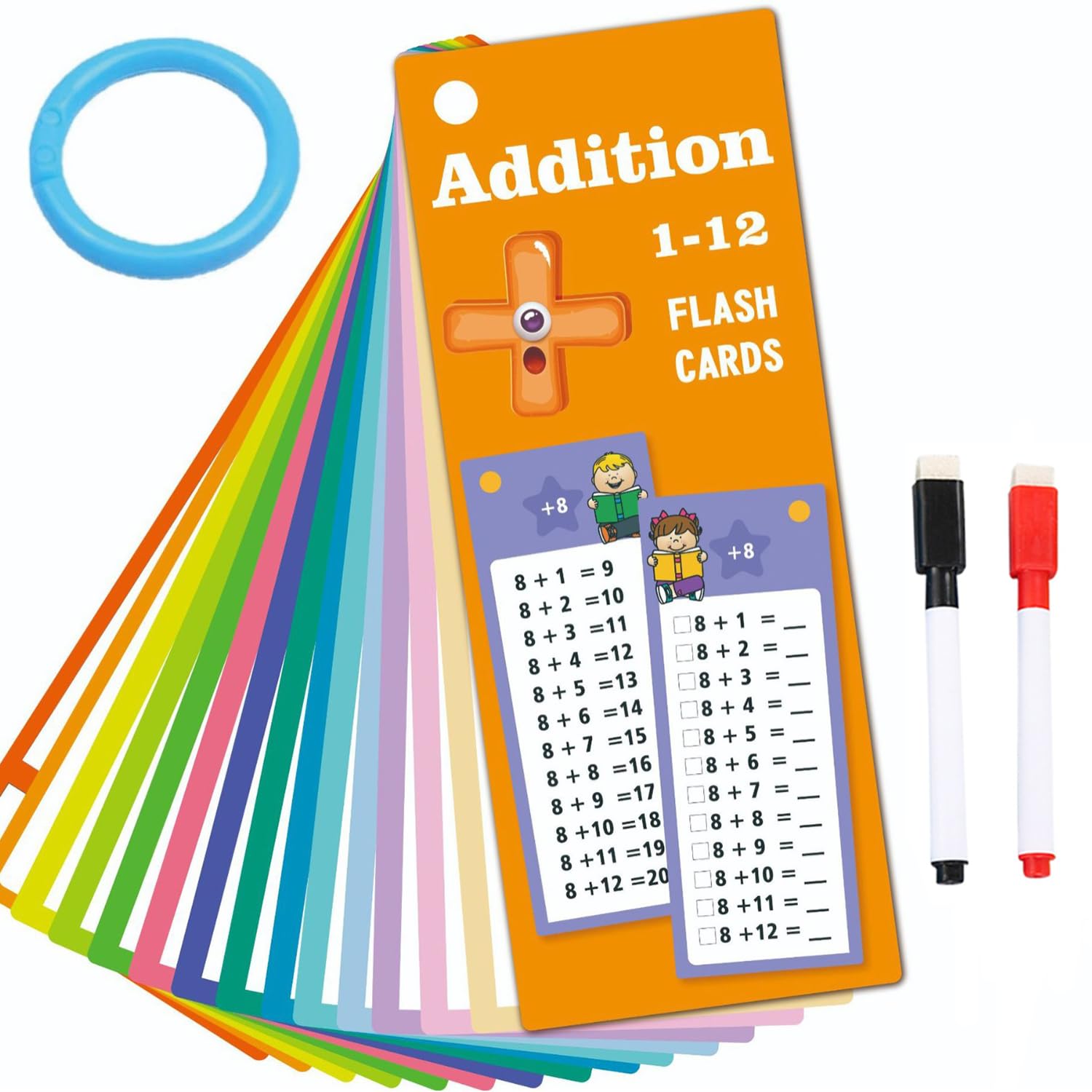 Acidea Addition Flash Cards 1-12, Math Facts Flashcards with 2 Dry Erase Pens 1 Rings, Math Addition Games for Kid,Classroom Learning Materials for 1st, 2nd, 3rd, 4th, 5th Grade, 15 Cards