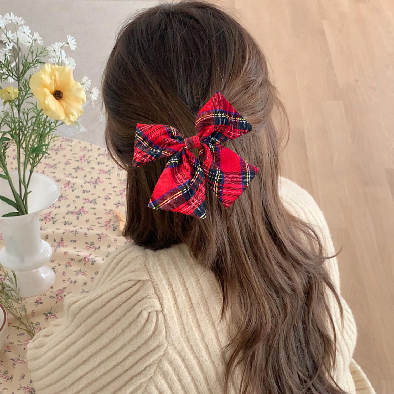 XNHIU 4pcs Tartan Bow Knot Hair Clips Festive Hairpins Red Plaid Ribbon Hair Clips Hair Bows Barrettes for Women Ponytail Holder Hair Accessories - Image 4