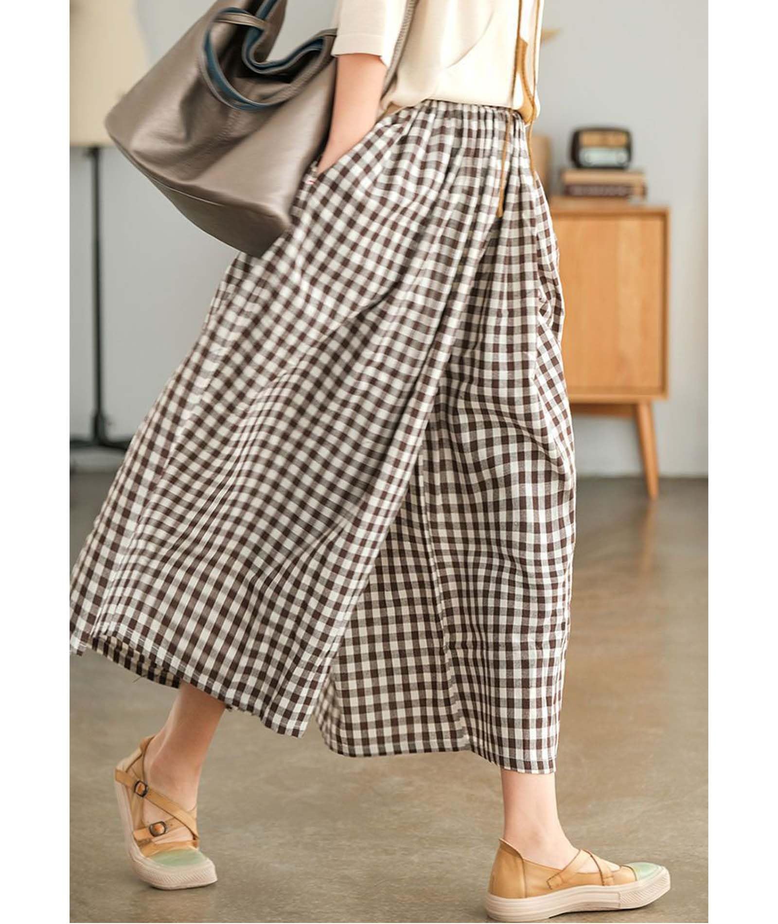 SOMTHRON Pantalon d'été en coton et lin pour femme - Coupe large - Taille élastique - Carreaux vichy - Pantacourt Palazzo