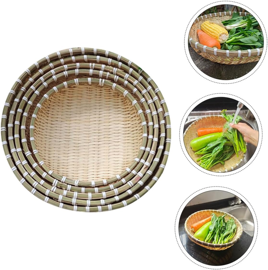 Bun Basket and Fruit Tray 5pcs Set, Woven Bread Storage Basket with Drainage for Kitchen Washing and Food Serving