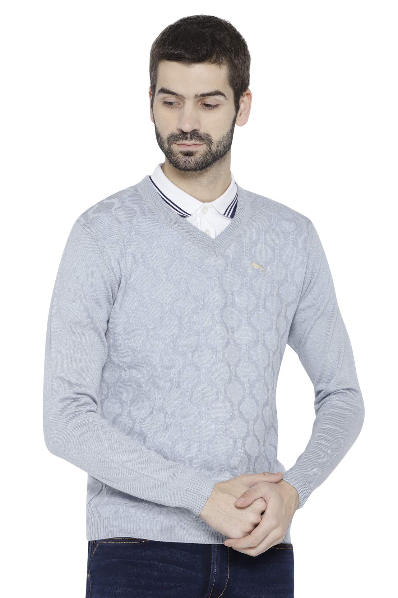 JUMP USA Men V-Neck Self Design Pullover | Color - Cashmere Blue | Size - XL