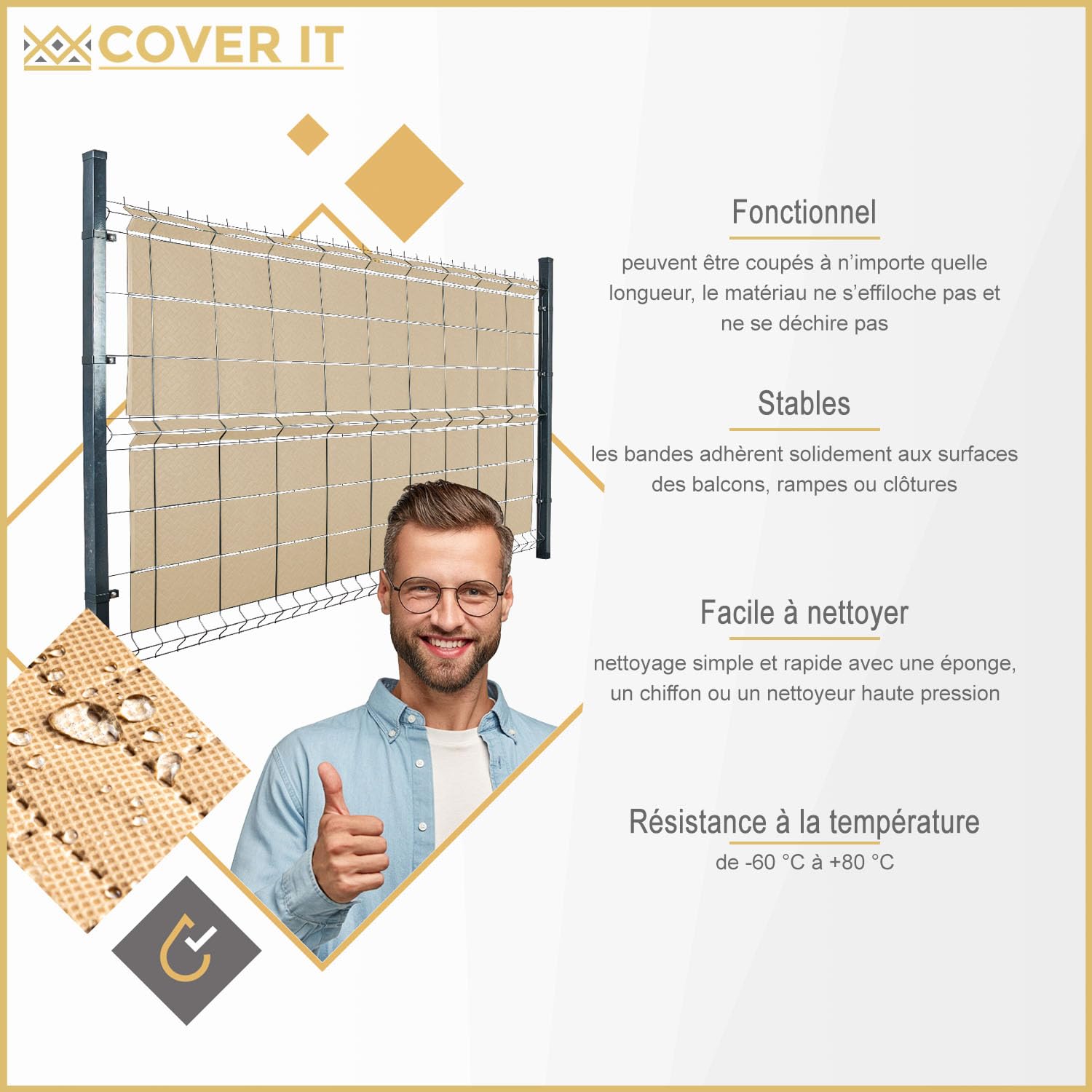 COVER IT Nastro Frangivista Beige PVC 240g/m² 19cm x 52m con 40 Clip – Nastro Privacy per Recinzione Giardino e Balcone – Copertura Ringhiera Esterna Resistente ai Raggi UV e Impermeabile