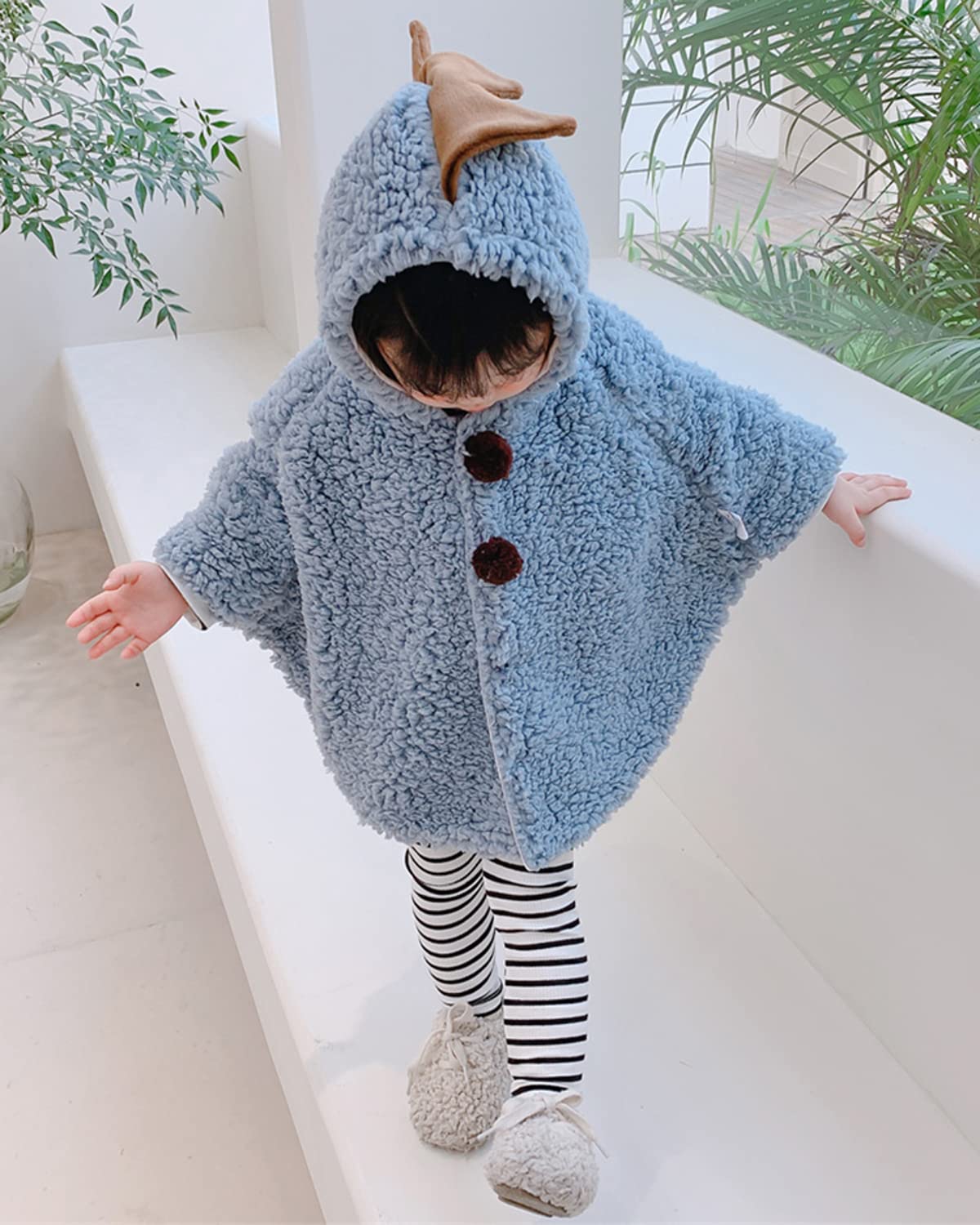 Baby Fleece Hooded Poncho, Toddler Cute Cartoon Hood Cape Cloak Winter Snowsuit Outwear(Blue Dinosaur)
