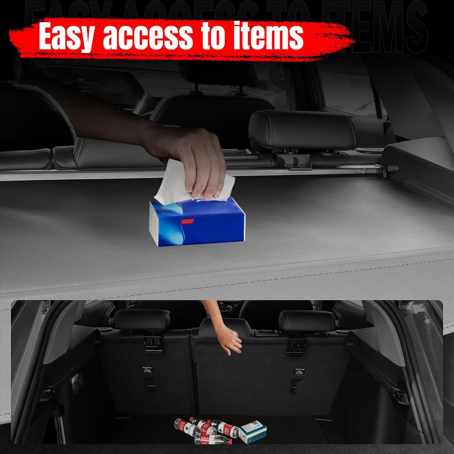 IKON MOTORSPORTS, Cargo Cover Compatible with 2018-2023 Subaru Crosstrek & 2017-2023 Impreza Hatchback, Unpainted Black Vinyl+Aluminum Rod Rear Tonneau Security Cover Retractable