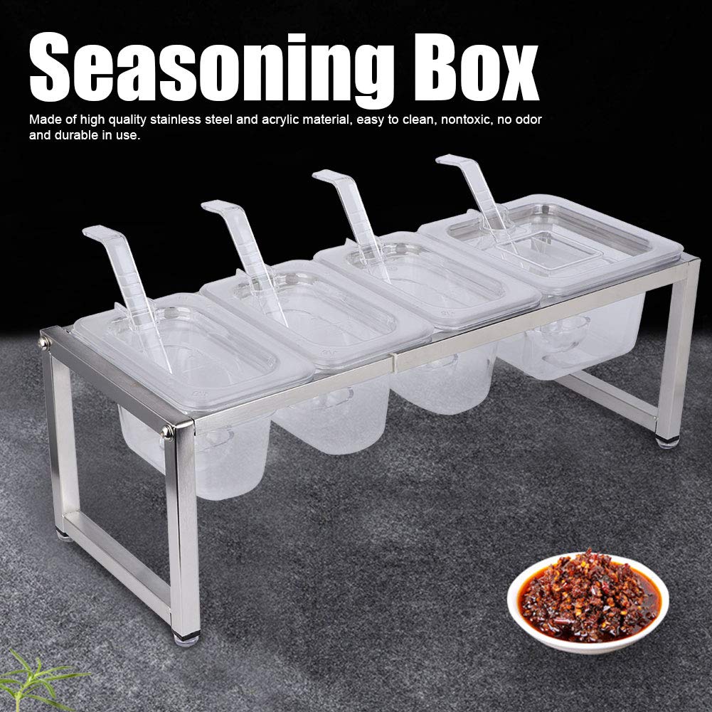 Juego de caja de condimentos transparente de cuatro rejillas, tarro con cuchara, recipiente de condimentos de acero inoxidable y acrílico para sal, comino, pollo en polvo,