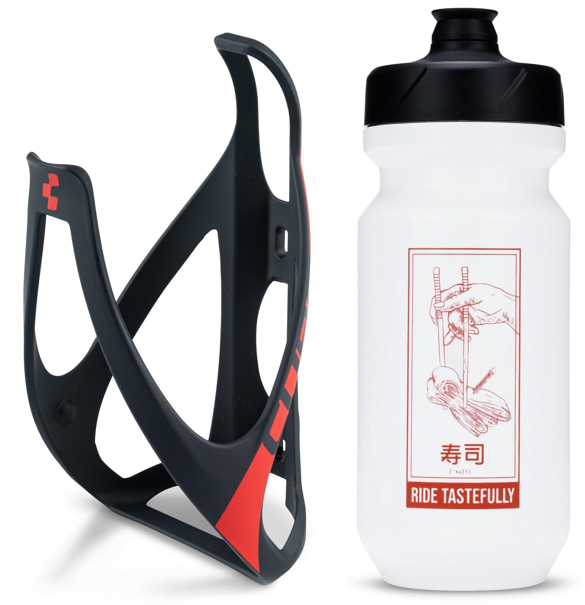 Cube HPP Cage - Matt Black/Red & Flow Bottle - White, 500ml / Water Drink Flask Vessel Bidon Holder Mount Bracket Kit Lightweight Plastic Drinking Hydration Biking Bike Riding Frame Accessories