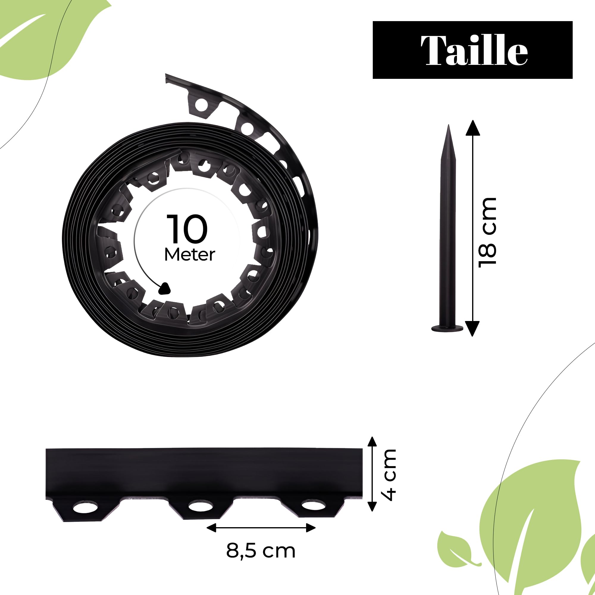 GARDENIX Bordure de pelouse en Plastique LineBORDER Flexible, 20 ancrages au Sol, Longueur 10m, Hauteur 4cm, Noir