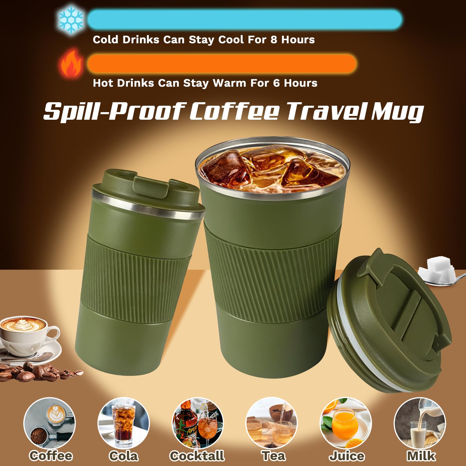 Tazas de café de viaje aisladas a prueba de fugas, tazas de café reutilizables con tapa, vasos de café termo al vacío de acero inoxidable, adecuados para hombres y mujeres, mantienen bebidas calientes