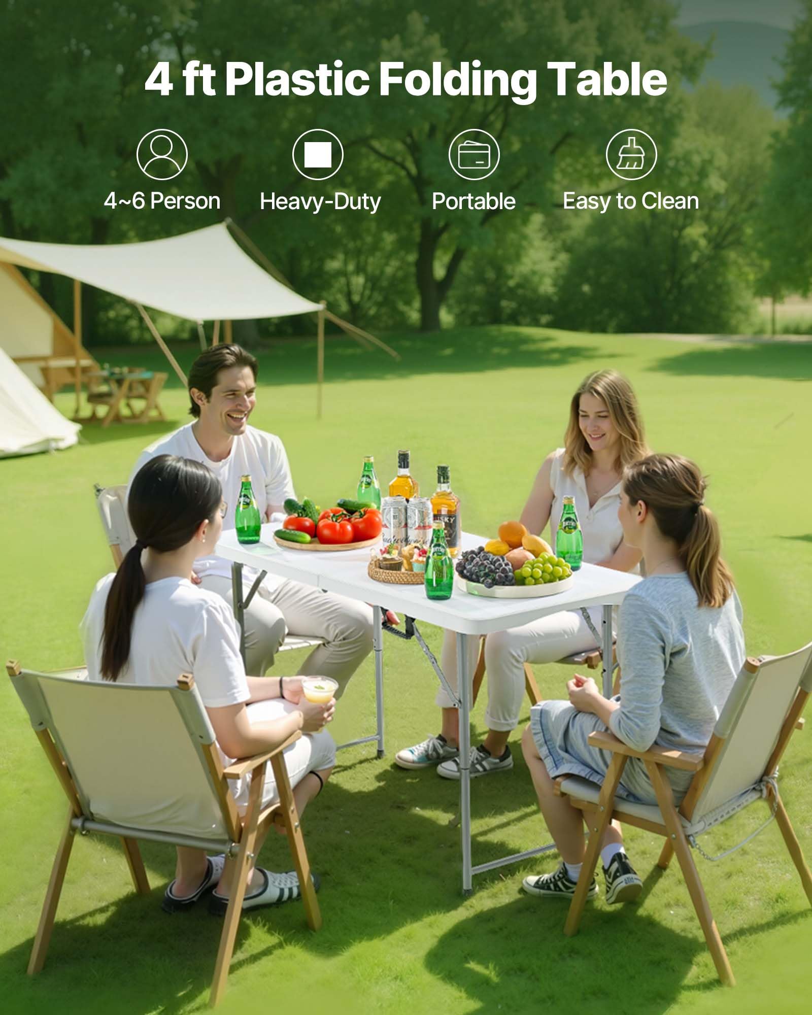 VEVOR Tavolo Pieghevole a Metà, Tavolo in Plastica Resistente Portatile e Rettangolare da 1220x600 mm, con Altezza Regolabile e Maniglia Integrata, per Feste, Cene, Picnic, Campeggio, Bianco