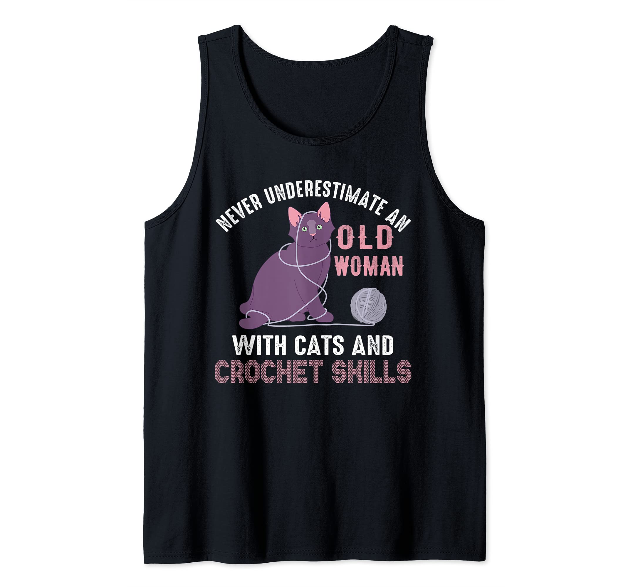 Cats and Crochet Old Woman Design Tank Top, Black