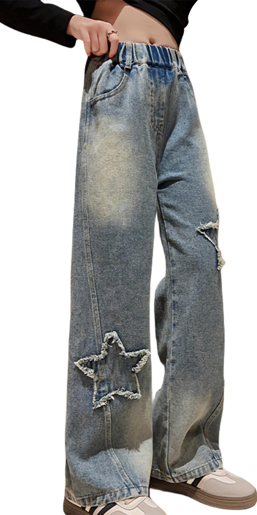 Jean Fille Y2K Coupe Large - Pantalon Droit élastiqué Taille Haute - Pour 5-14 Ans - Style Décontracté