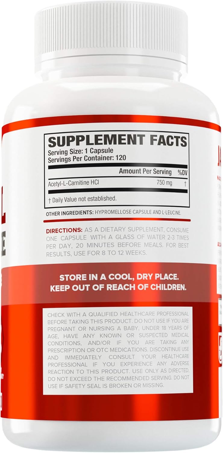 Acetyl L Carnitine 750mg Supplement - Extra Strength L-Carnitine (ALCAR) for Energy, Body Recomposition, Memory & More - Zero Fillers - 120 Non GMO Veggie Pills : Health & Household