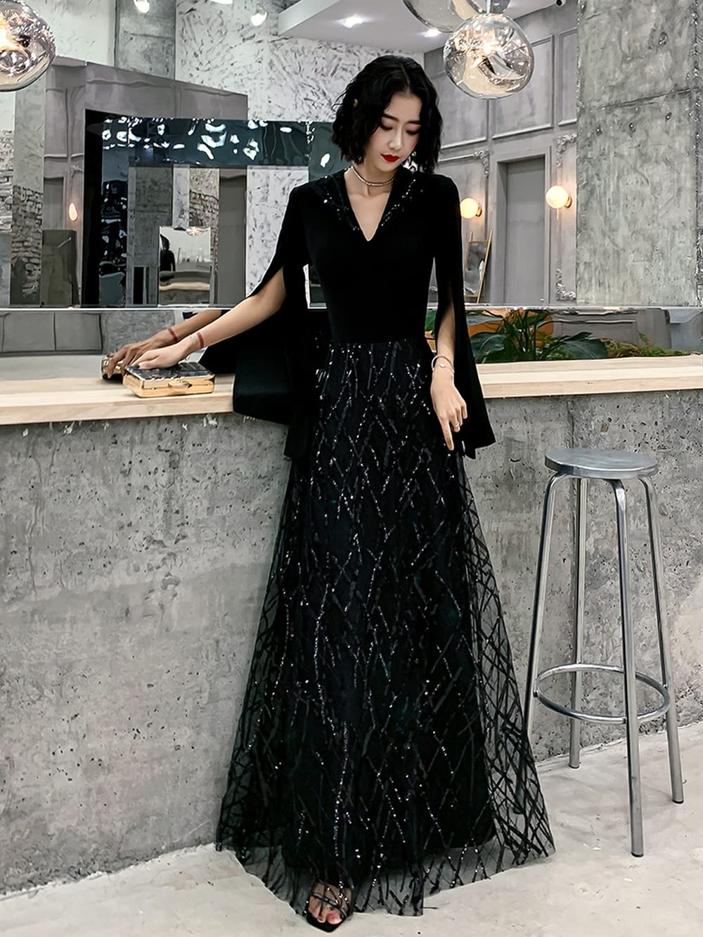 Amazon.co.jp: ロング ドレス パーティードレス 個性的 黒 袖あり v  