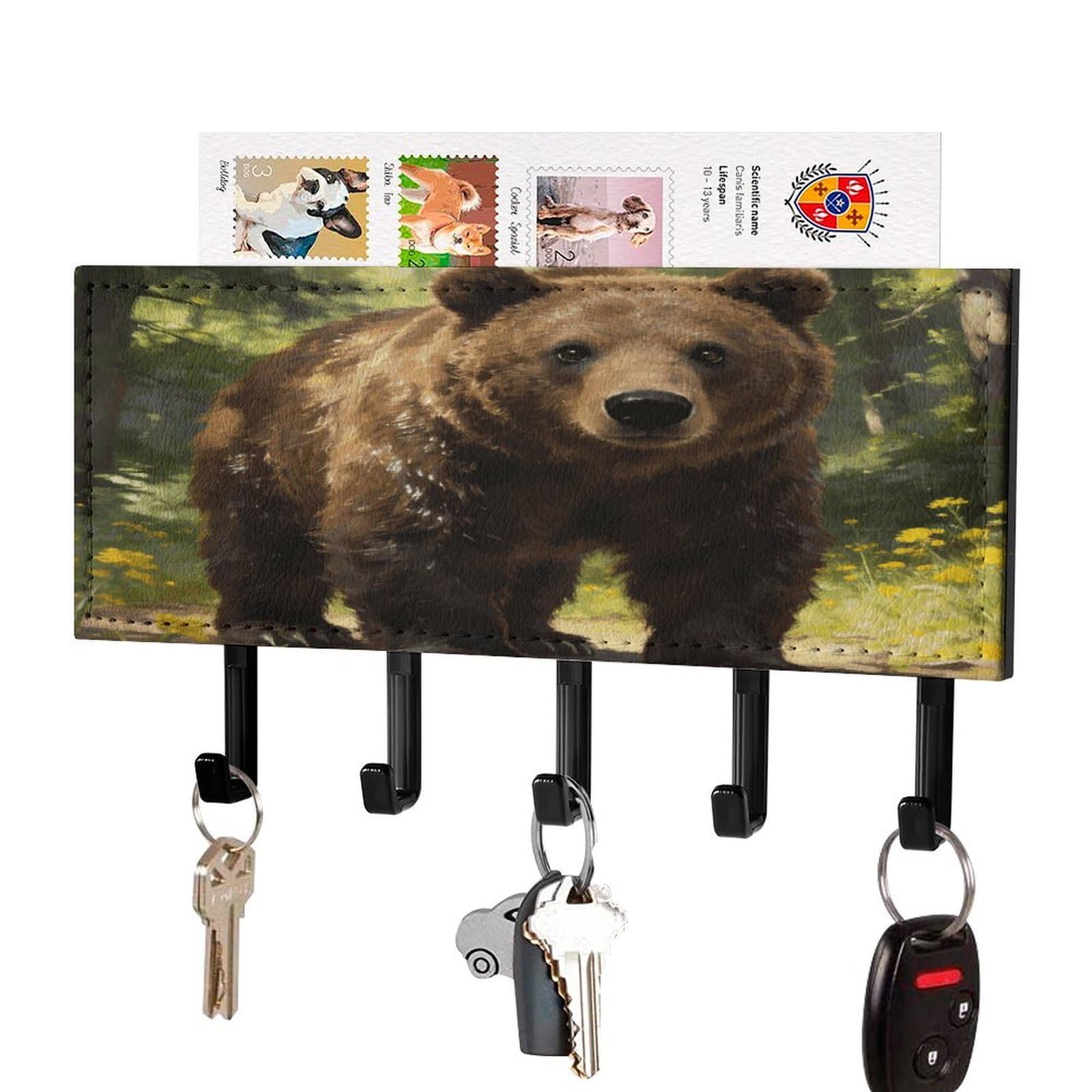 Vstadank Black-Style Bear Key Holder Wall Mount Pu Key Rack Decorative Key And Mail Holder Wall Key Organizer With 5 Key Hooks Key Hanger For Entryway Kitchen Living Room Office Doorway Decor Black