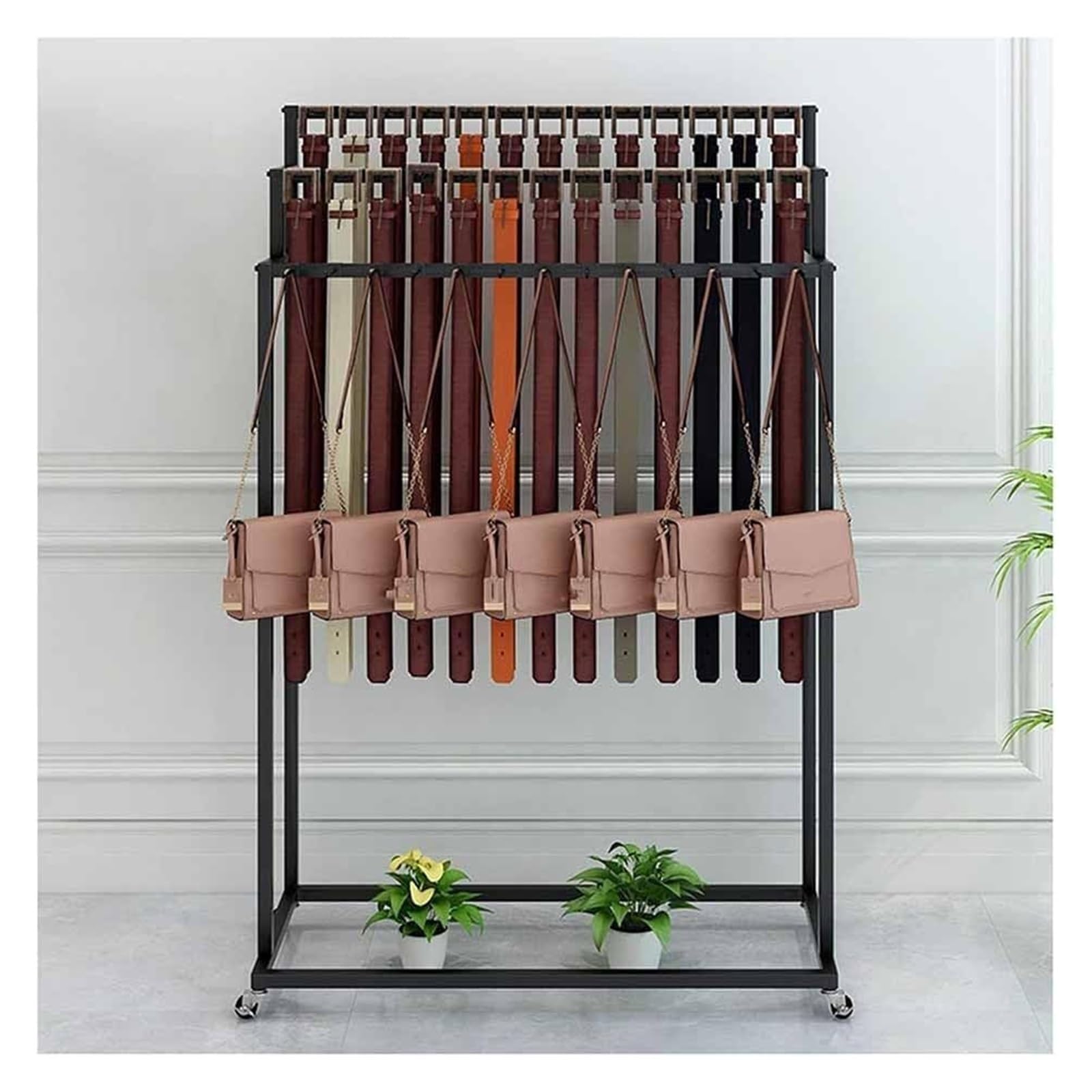 YNBSHGAA Metal Clothing Rack with Wheels Freestanding Garment Display Stand for Menfor Ties Scarves and Bags Retail Showroom Storage Solution,Black-150x40x150CM
