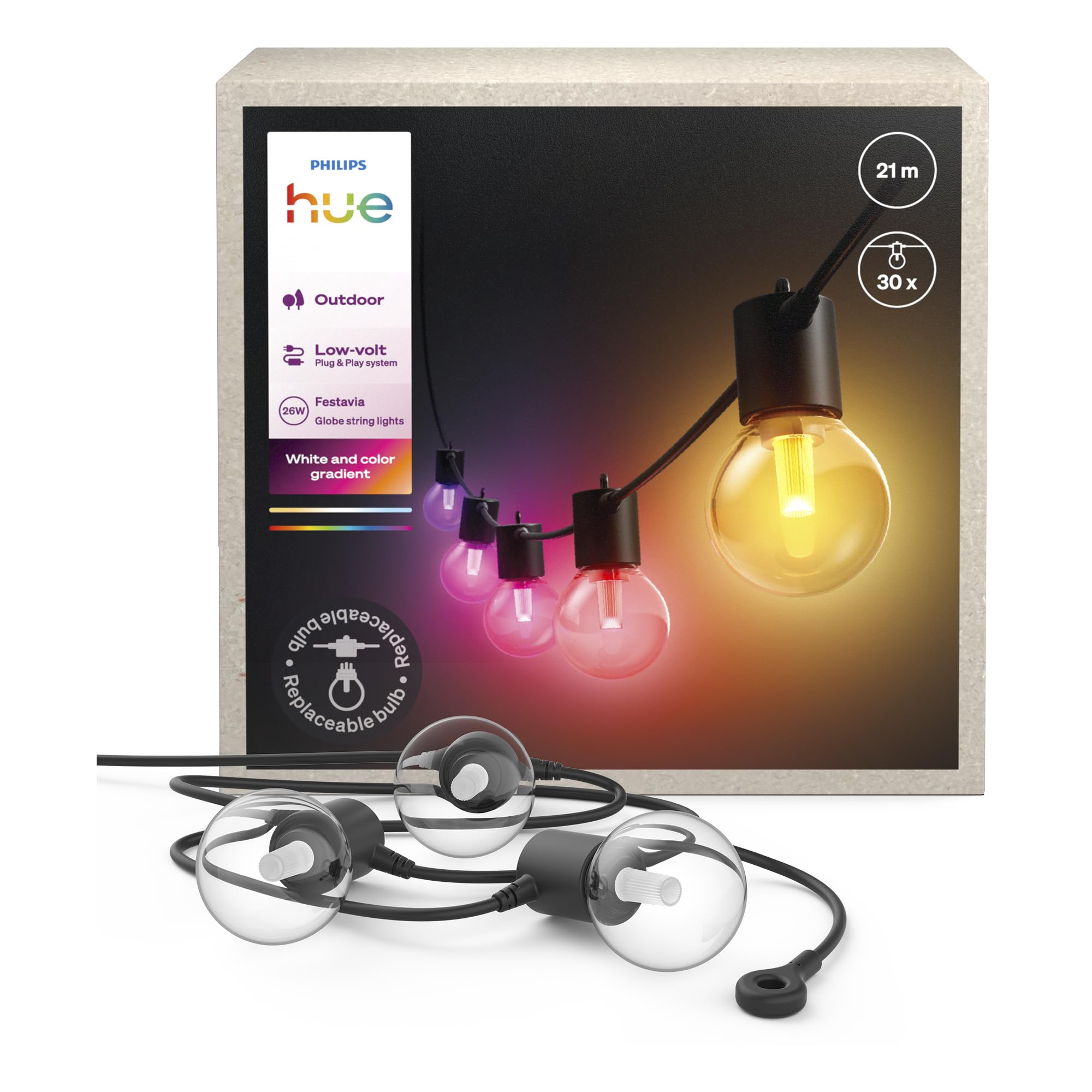 Philips Hue Festavia Globe Outdoor String Lights, White and Color Ambiance, 21 M, 30 Bulbs, Dimmable, Control with Hue App, Works with Alexa, Google Assistant, and Apple Home