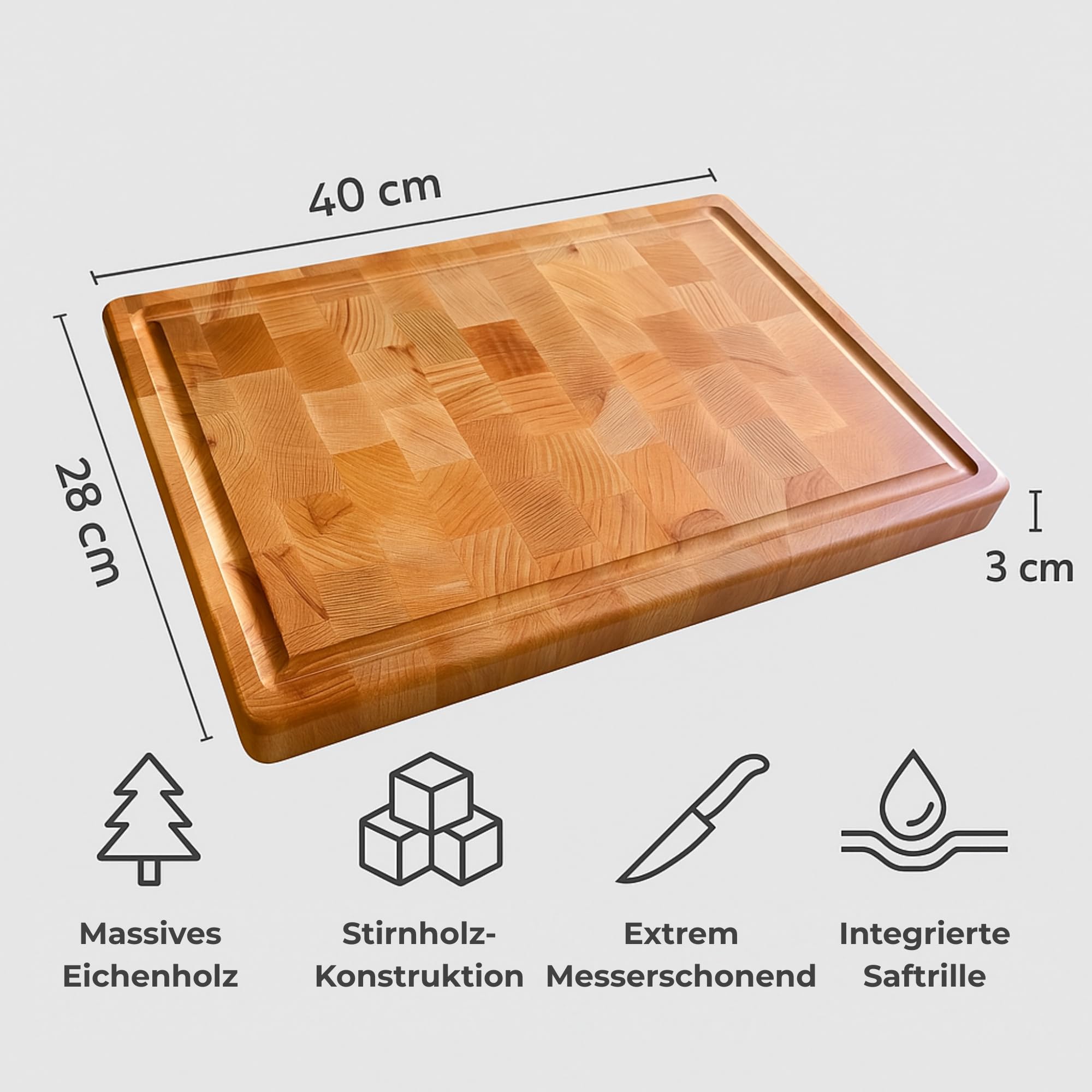 INNOVAHOME Deska Sztorcowa do Krojenia z Litego Drewna Dębowego, Masywny Blok Rzeźniczy 40x28x3 cm, Nie Tępi Noży, z Rowkiem na Soki