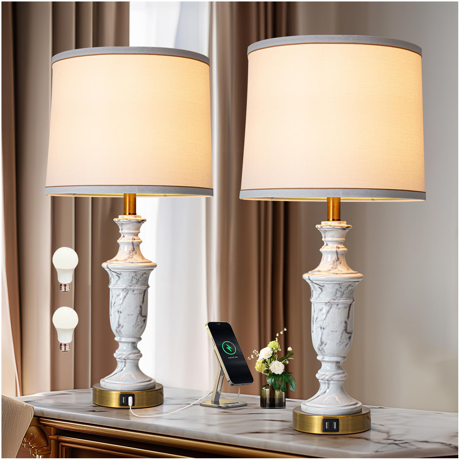 KIVDITZO Touch Control Switch Rustic Marble Finish Table Lamp Set of 2 with USB Ports Linen Fabric Shade Nightstand lamp for Living Room Bedroom Office Hotel Apartment (9 WATT Led Bulb Included)